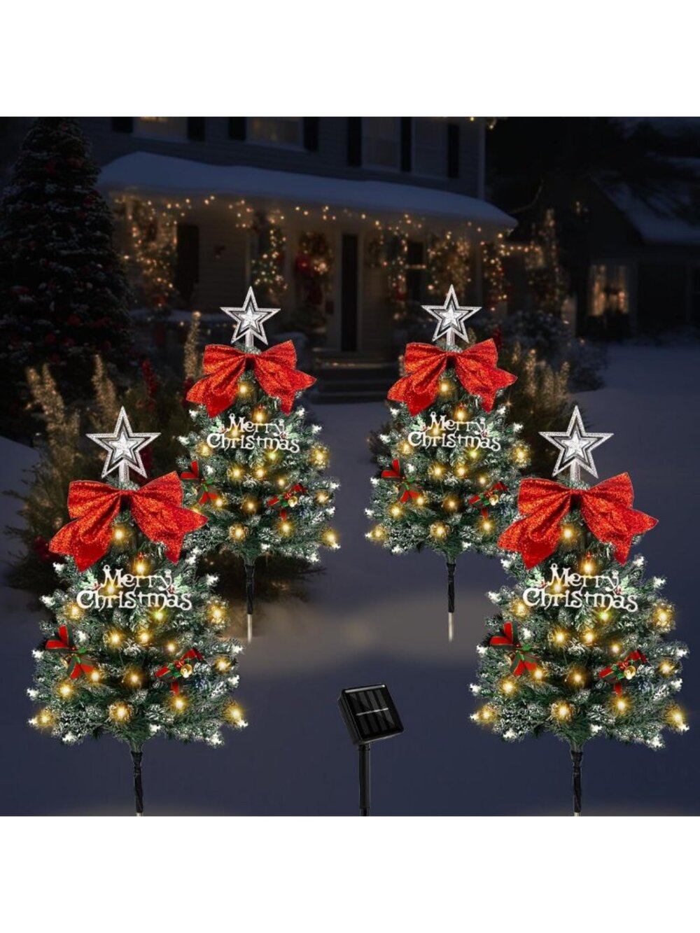 Christmas Tree Solar Pathway Lights Outdoor Decor, 4 Pack, Snowy